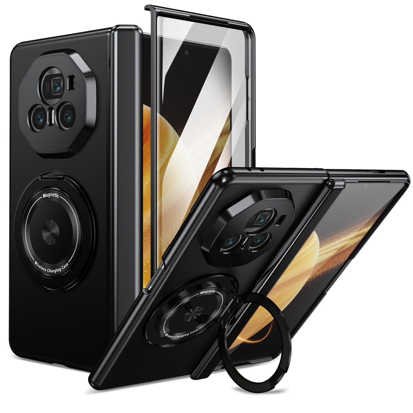 For Honor Magic V3 Gold Medal Rotating Folding Series Ring Holder Phone Case(Black)