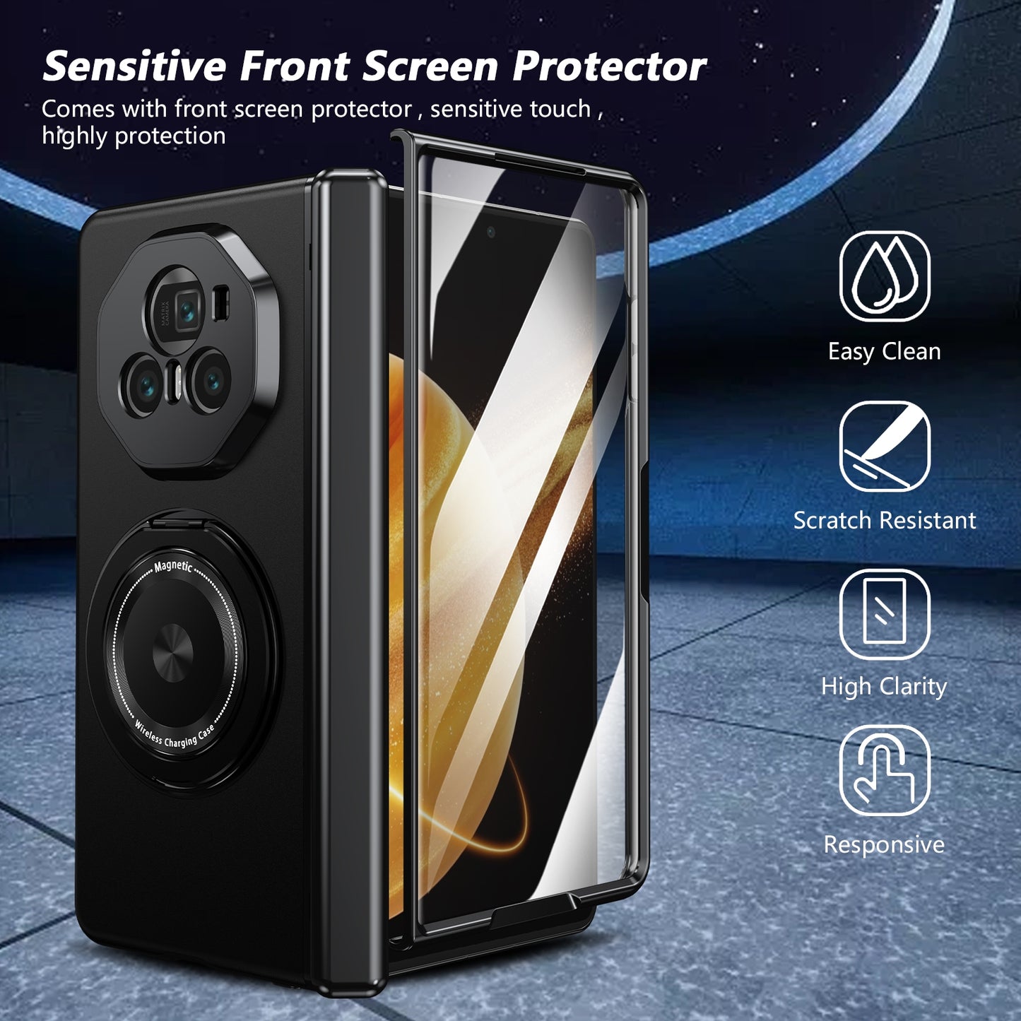 For Honor Magic V3 Gold Medal Rotating Folding Series Ring Holder Phone Case(Black)