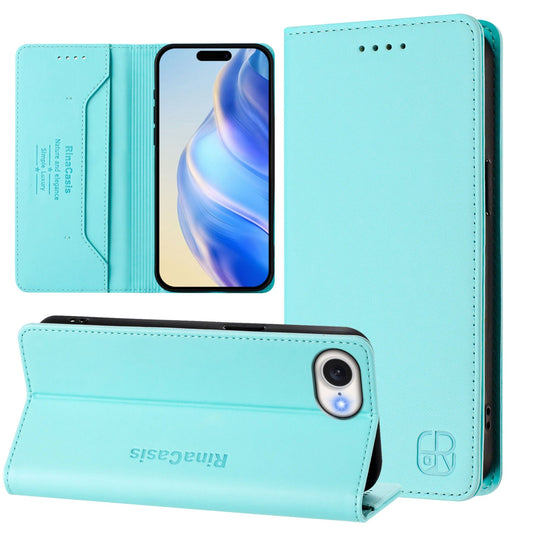 For iPhone 16e RC01 Dual-Folded Magnetic Suction RFID Leather Phone Case(Mint Green)
