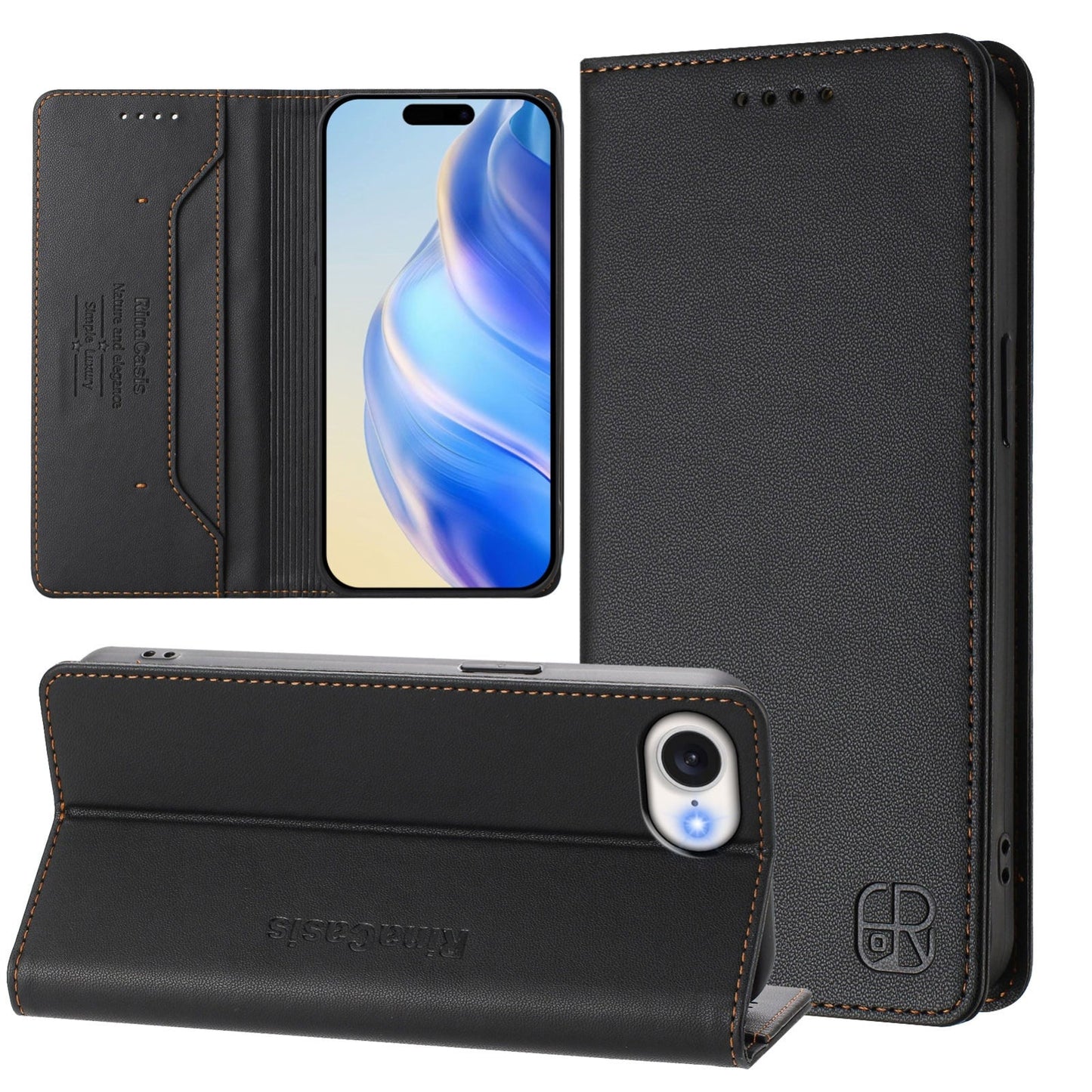 For iPhone 16e RC01 Dual-Folded Magnetic Suction RFID Leather Phone Case(Black)