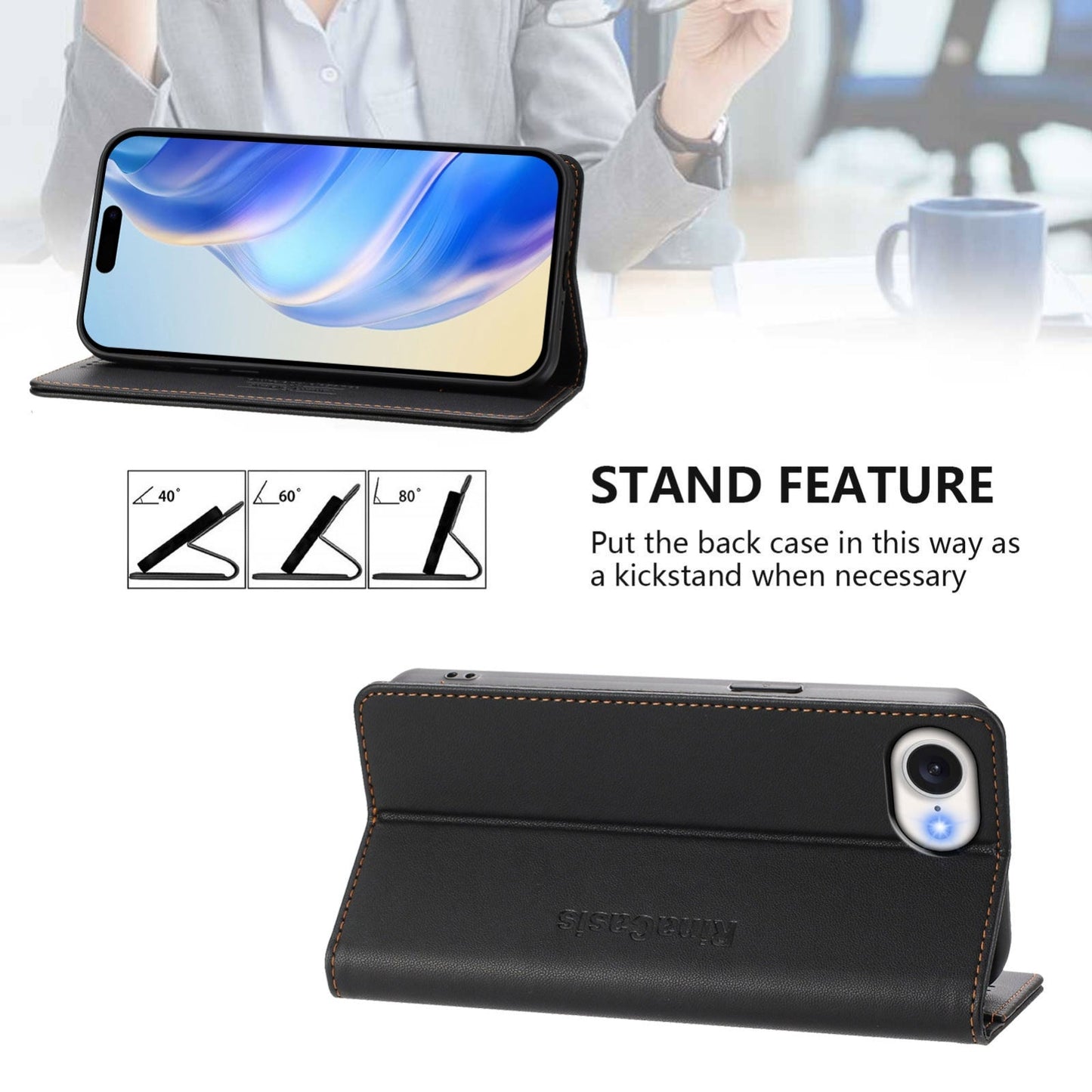 For iPhone 16e RC01 Dual-Folded Magnetic Suction RFID Leather Phone Case(Black)