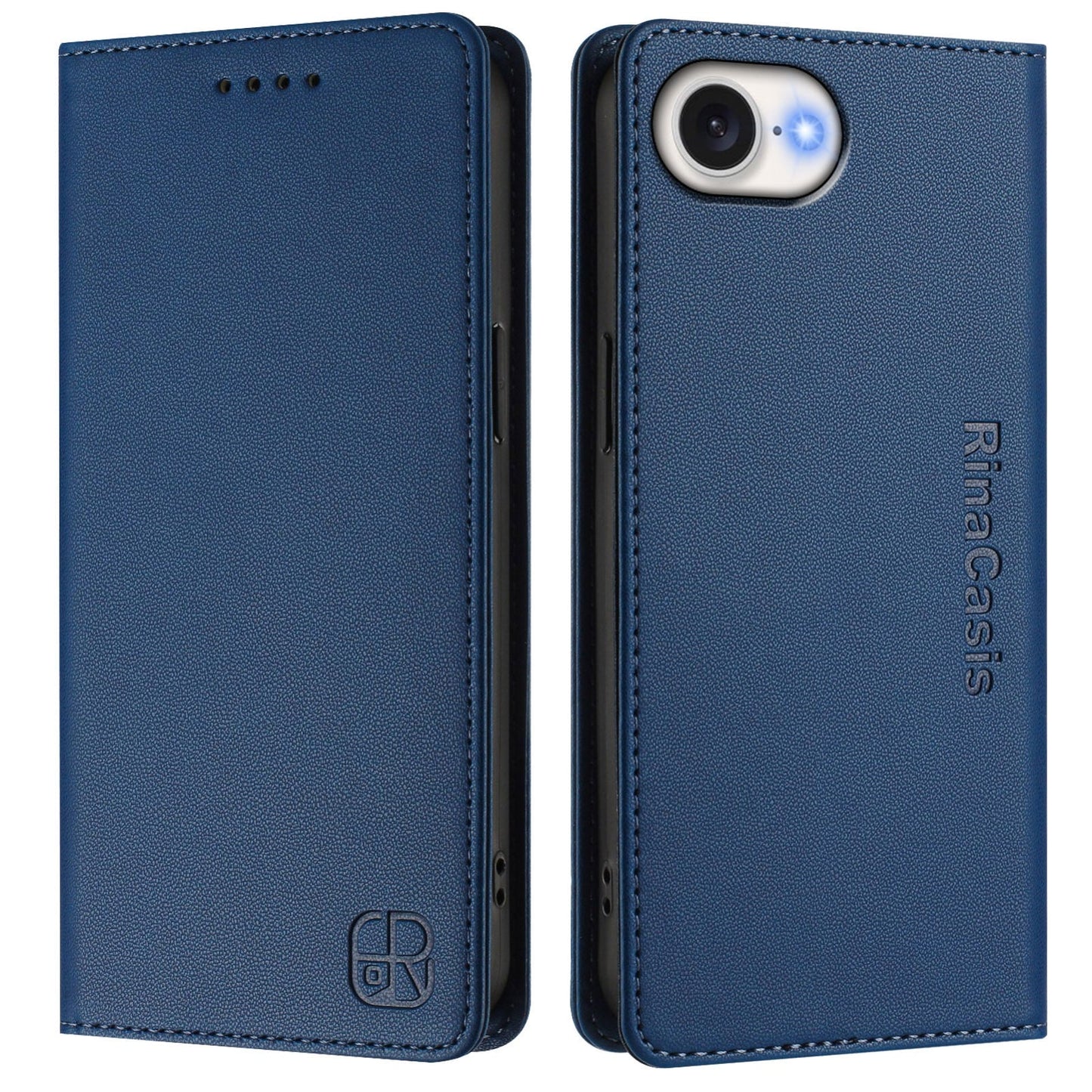 For iPhone 16e RC01 Dual-Folded Magnetic Suction RFID Leather Phone Case(Dark Blue)