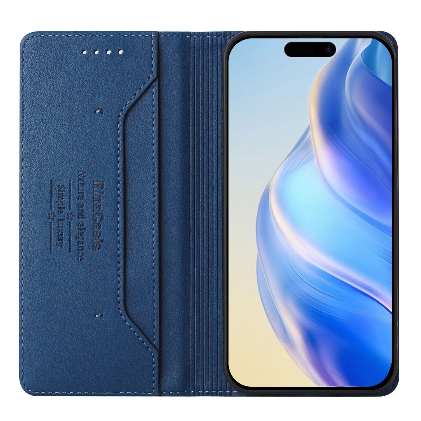 For iPhone 16e RC01 Dual-Folded Magnetic Suction RFID Leather Phone Case(Dark Blue)