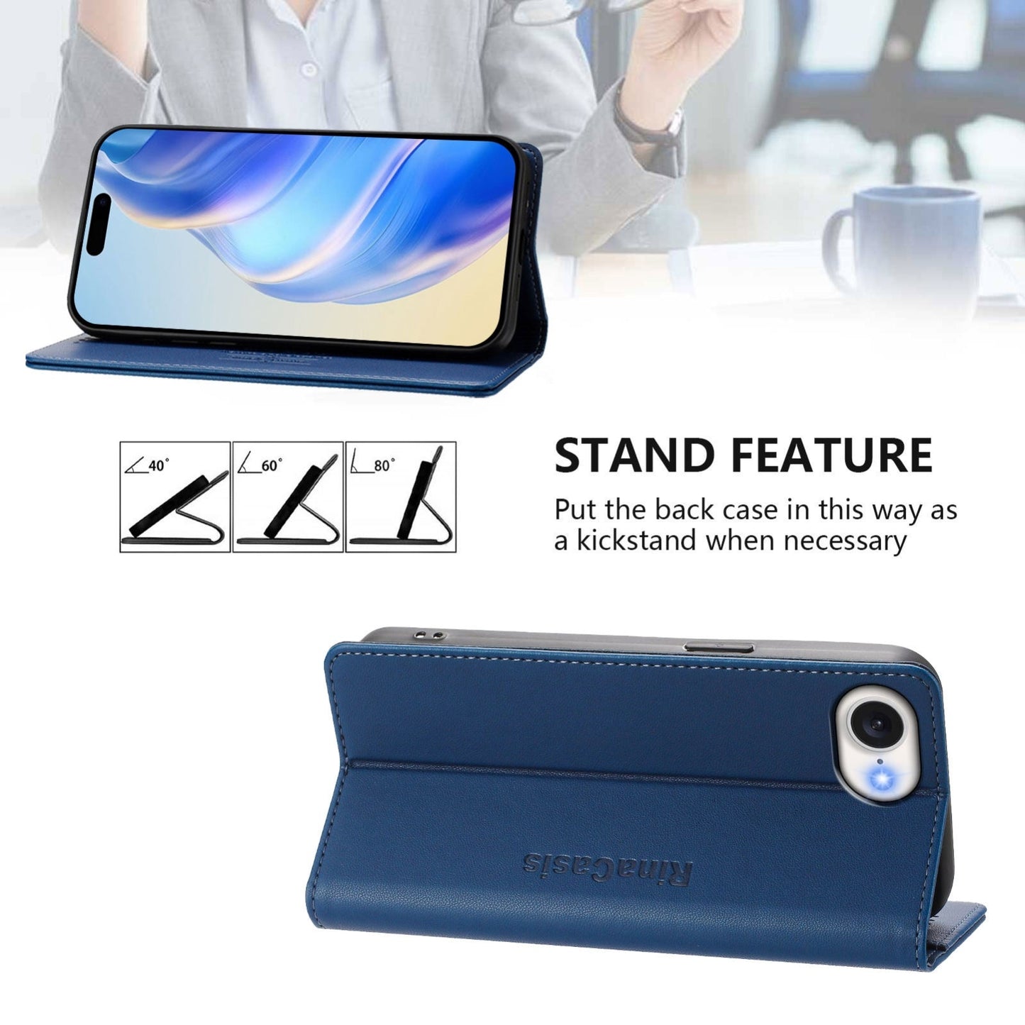 For iPhone 16e RC01 Dual-Folded Magnetic Suction RFID Leather Phone Case(Dark Blue)