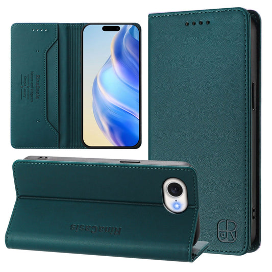 For iPhone 16e RC01 Dual-Folded Magnetic Suction RFID Leather Phone Case(Dark Green)