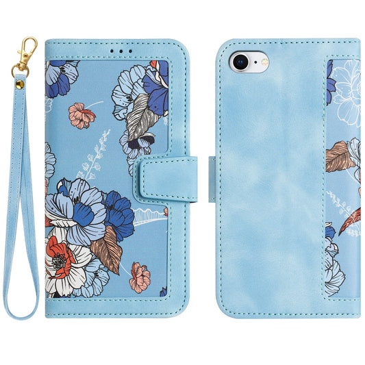 For iPhone 16e Floral Pattern Leather Phone Case with Lanyard(Light Blue)
