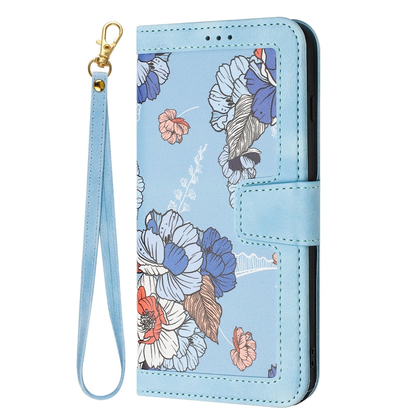 For iPhone 16e Floral Pattern Leather Phone Case with Lanyard(Light Blue)