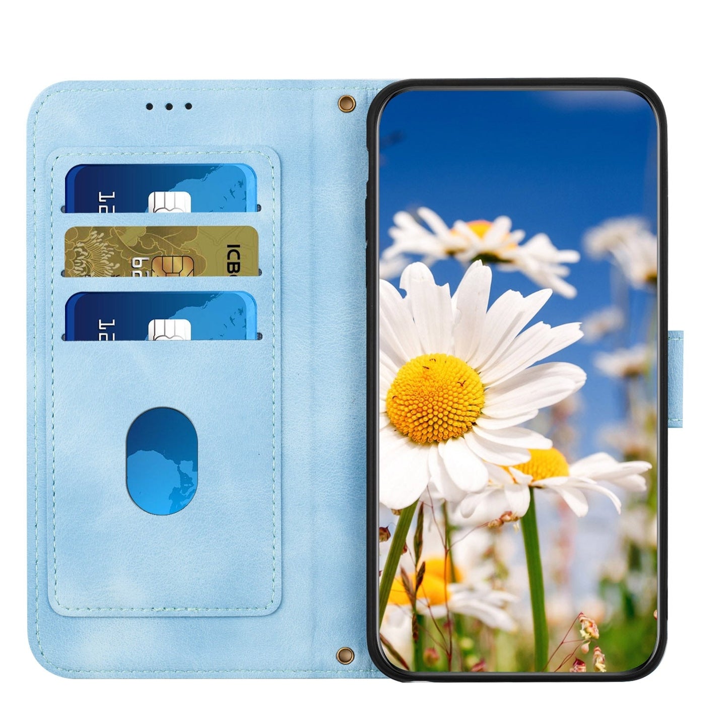 For iPhone 16e Floral Pattern Leather Phone Case with Lanyard(Light Blue)