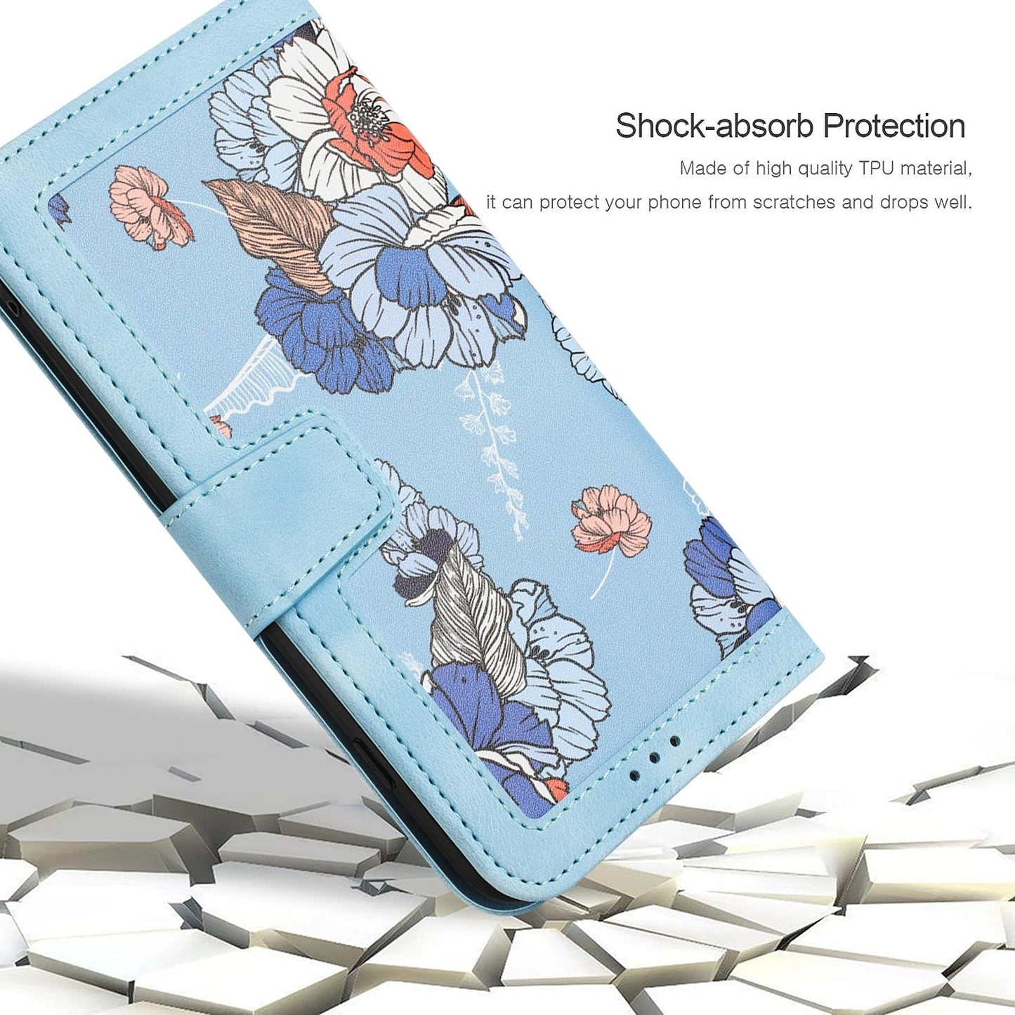 For iPhone 16e Floral Pattern Leather Phone Case with Lanyard(Light Blue)
