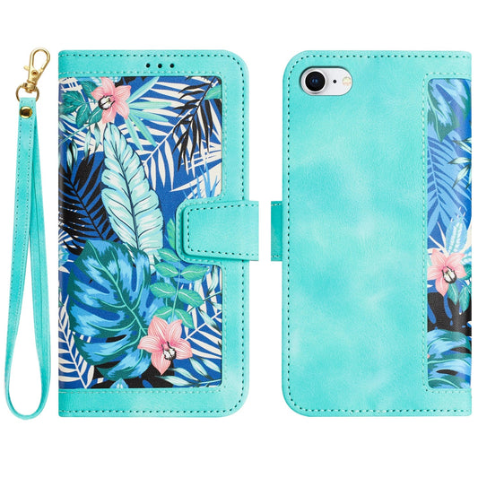 For iPhone 16e Floral Pattern Leather Phone Case with Lanyard(Green)