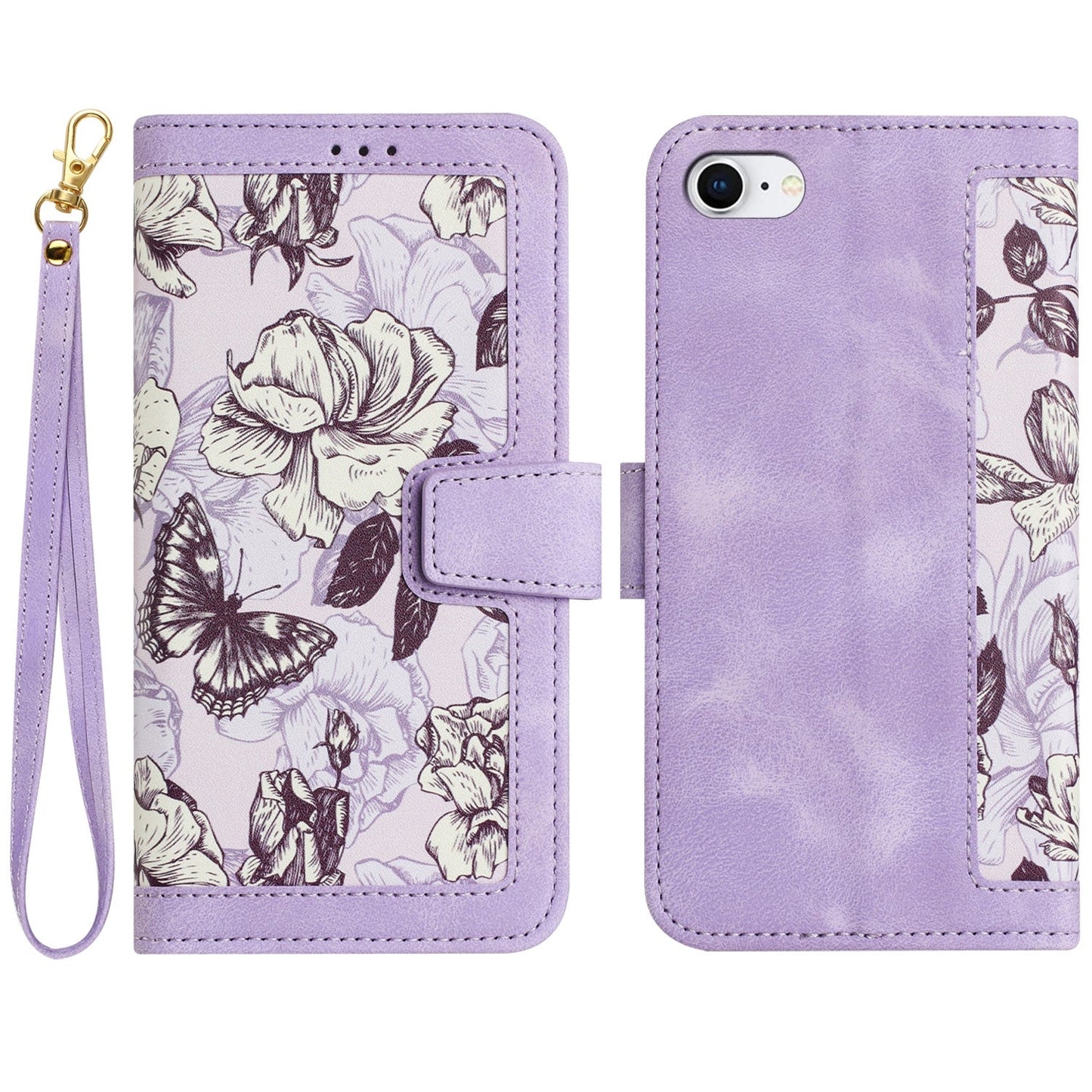 For iPhone 16e Floral Pattern Leather Phone Case with Lanyard(Light Purple)