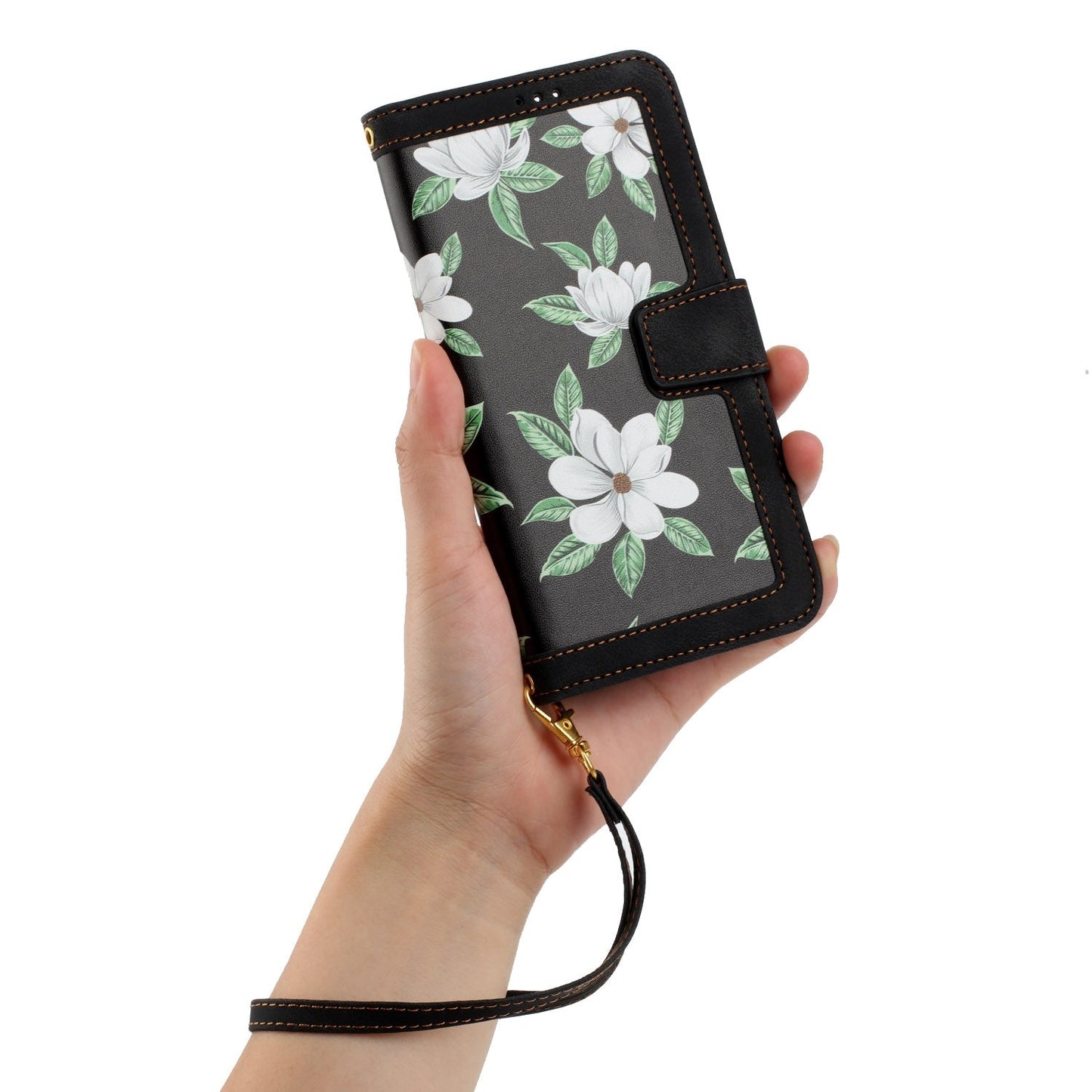 For iPhone 16e Floral Pattern Leather Phone Case with Lanyard(Black)