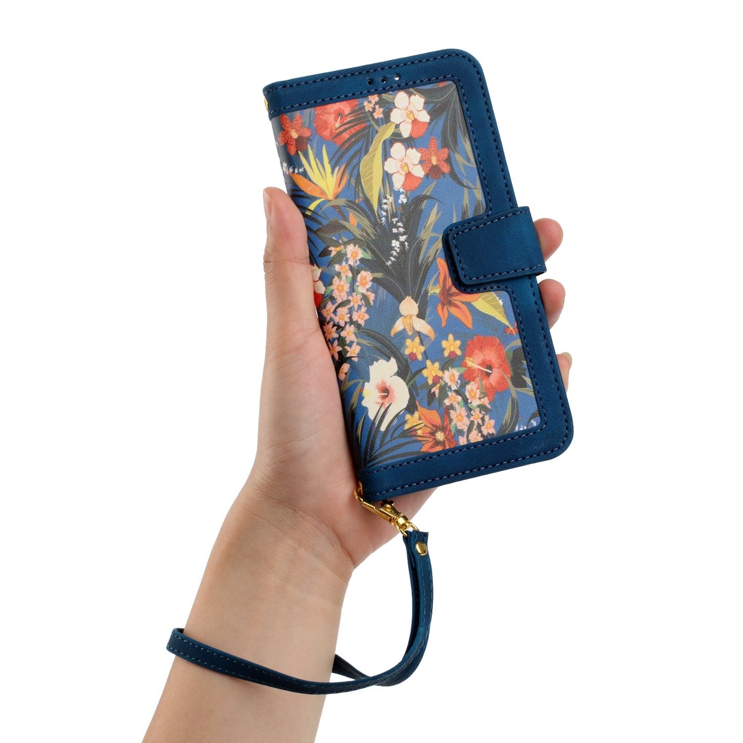 For iPhone 16e Floral Pattern Leather Phone Case with Lanyard(Dark Blue)