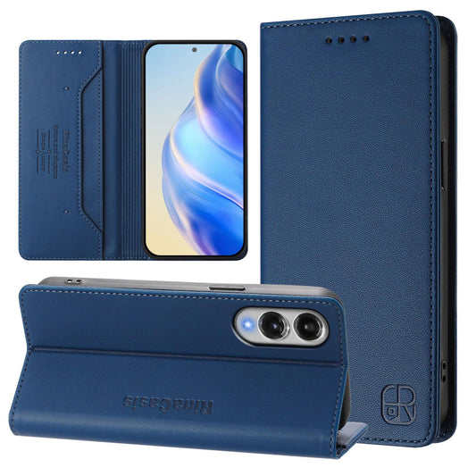 For Samsung Galaxy S25 Edge 5G RC01 Dual-Folded Magnetic Suction RFID Leather Phone Case(Dark Blue)