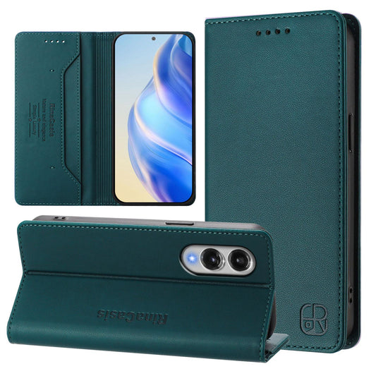 For Samsung Galaxy S25 Edge 5G RC01 Dual-Folded Magnetic Suction RFID Leather Phone Case(Dark Green)