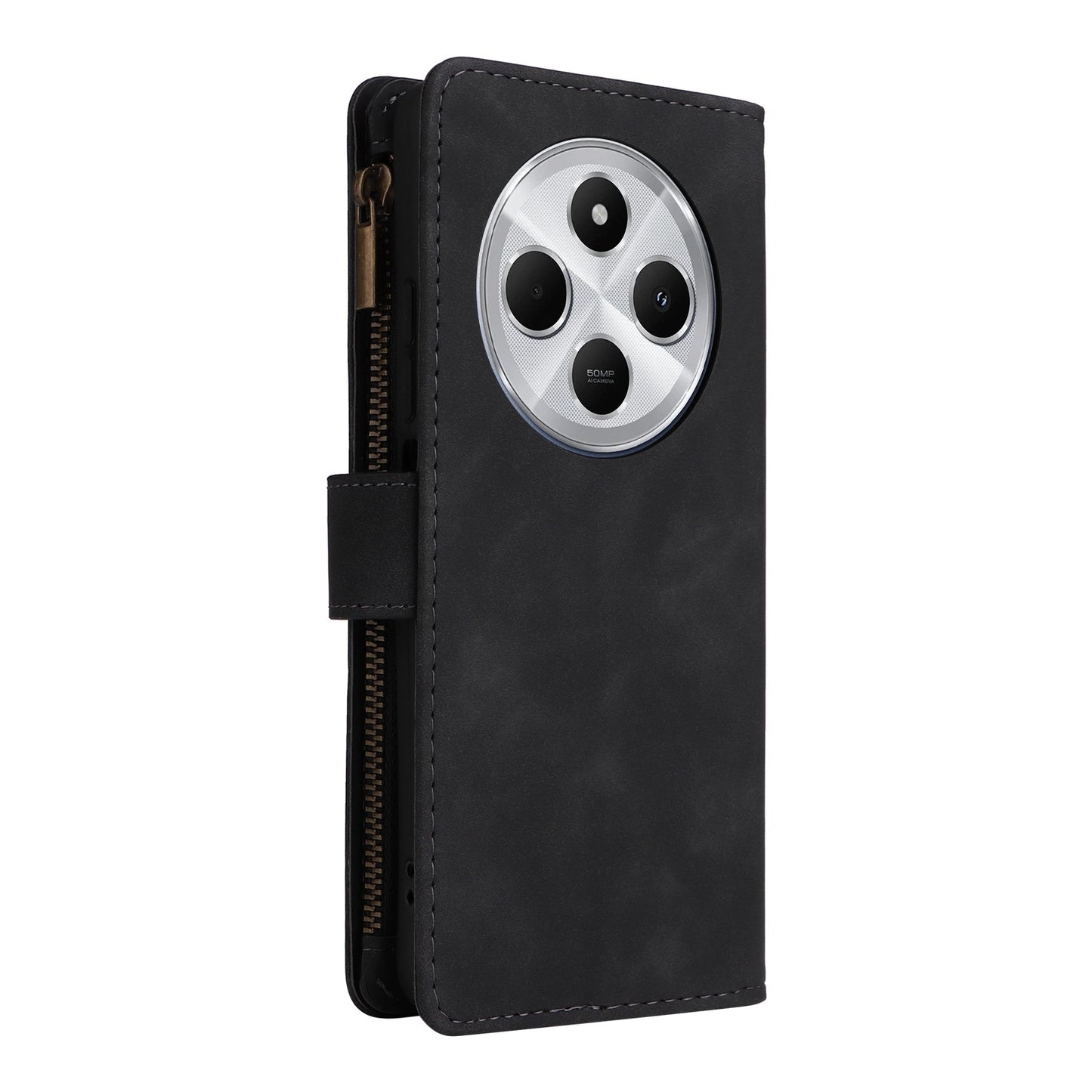 For Redmi 14C 4G Multifunctional Frosted Zipper Wallet Leather Phone Case(Black)