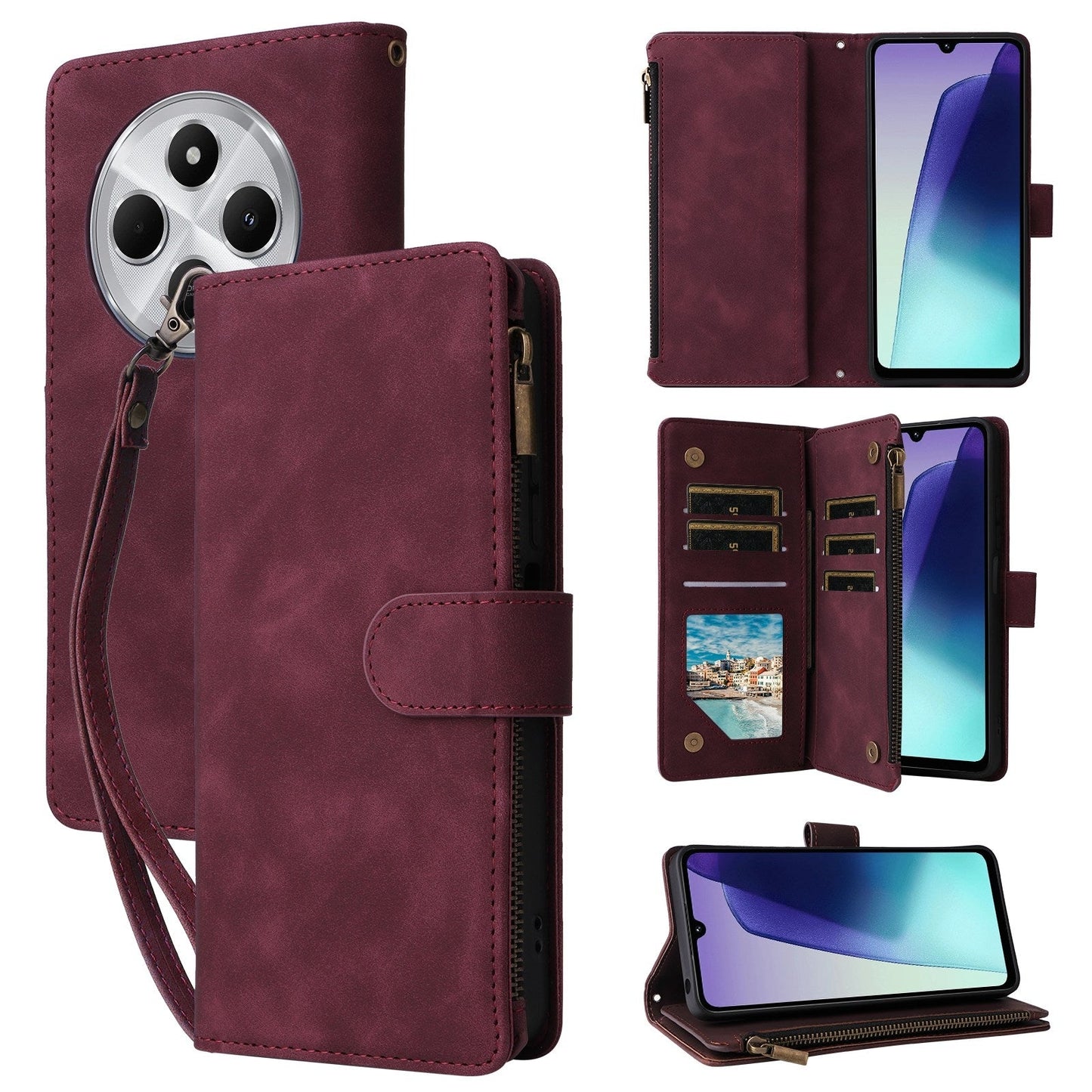 For Redmi 14C 4G Multifunctional Frosted Zipper Wallet Leather Phone Case(Wine Red)