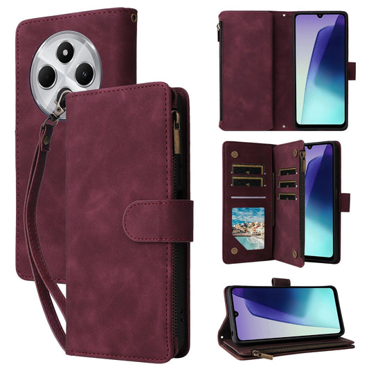 For Redmi 14C 4G Multifunctional Frosted Zipper Wallet Leather Phone Case(Wine Red)