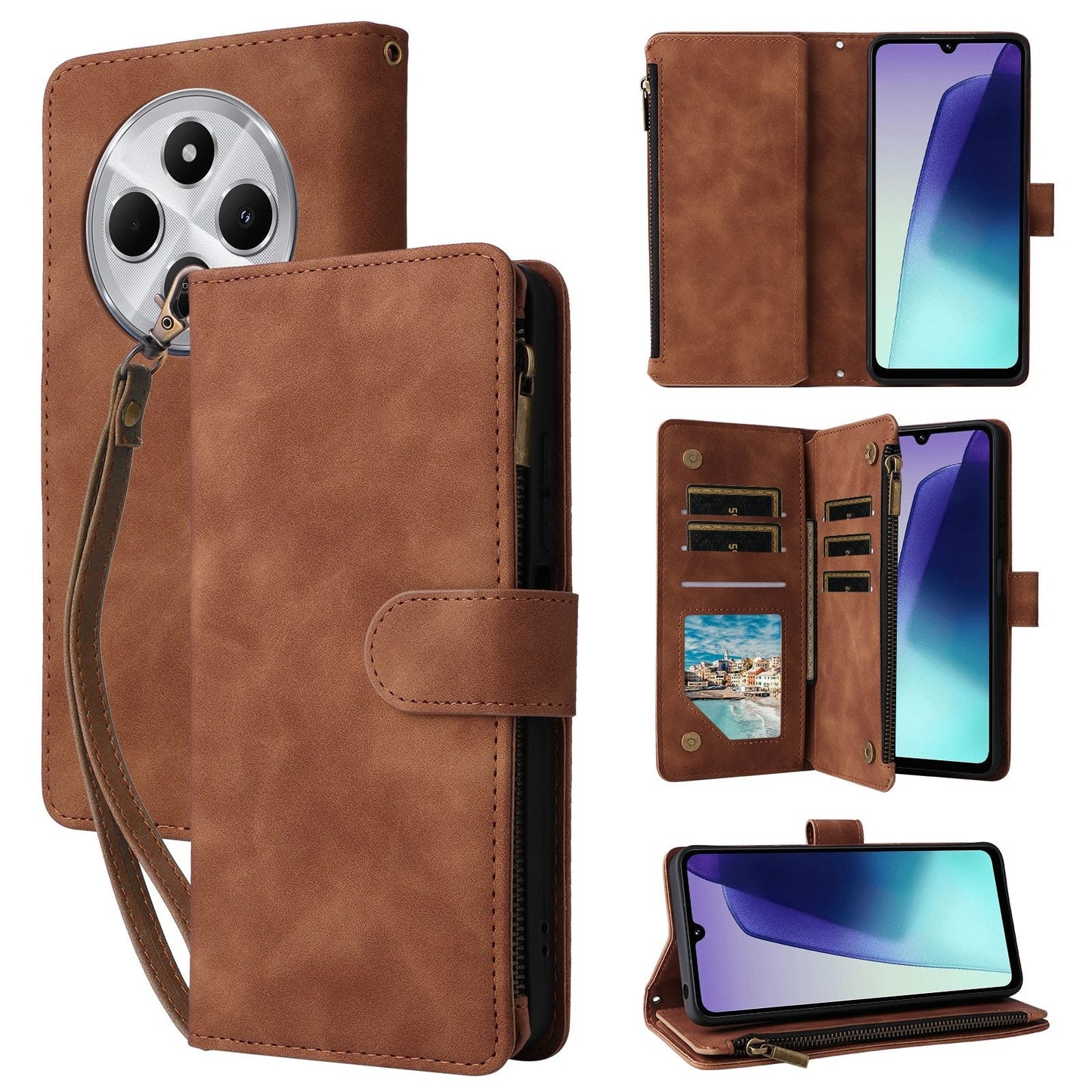 For Redmi 14C 4G Multifunctional Frosted Zipper Wallet Leather Phone Case(Brown)