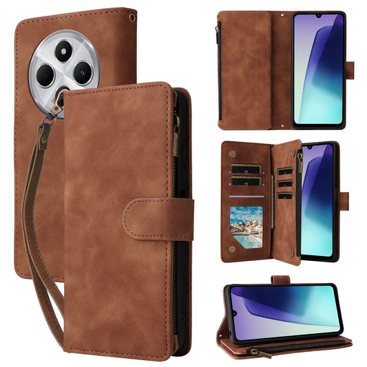 For Redmi 14C 4G Multifunctional Frosted Zipper Wallet Leather Phone Case(Brown)