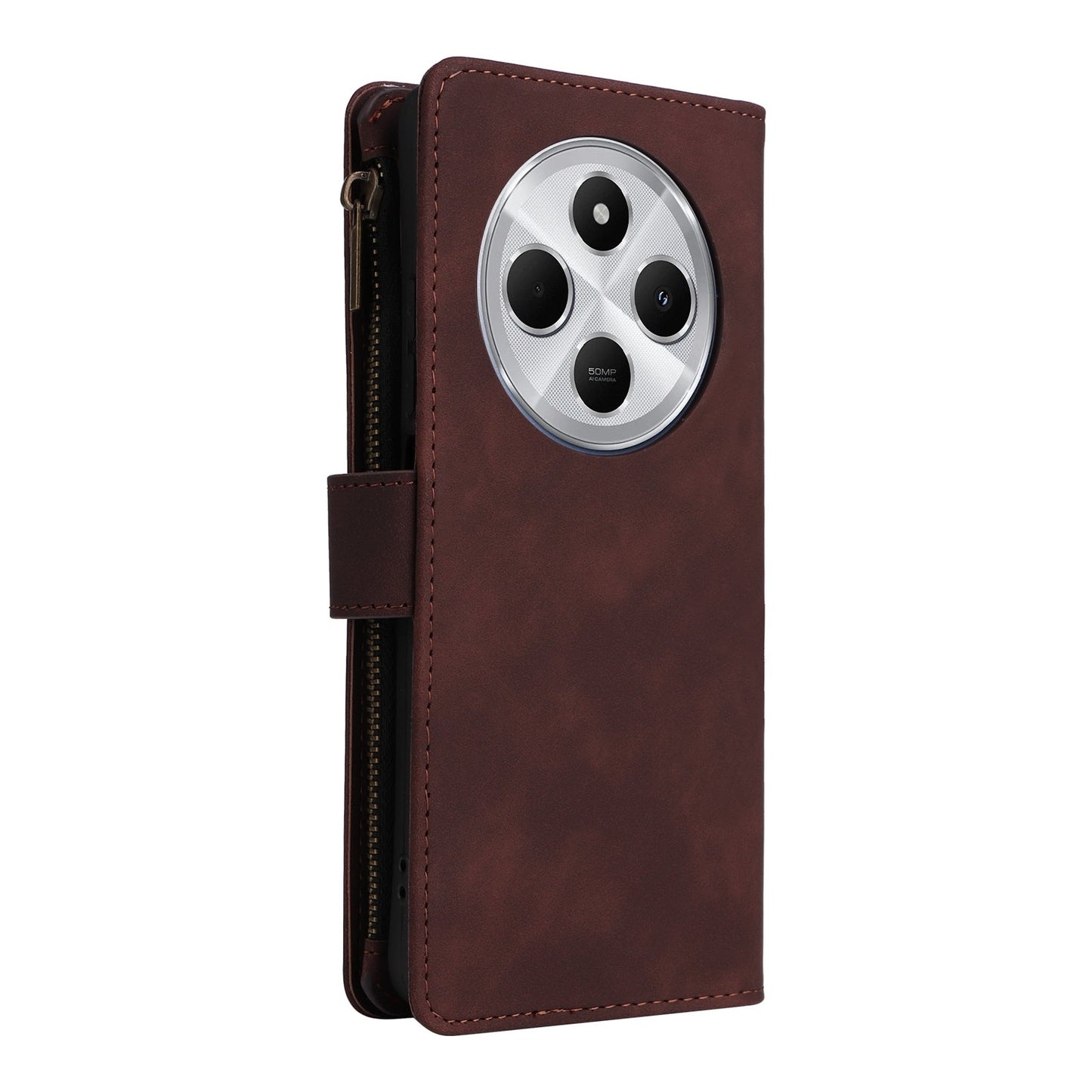 For Redmi 14C 4G Multifunctional Frosted Zipper Wallet Leather Phone Case(Coffee)