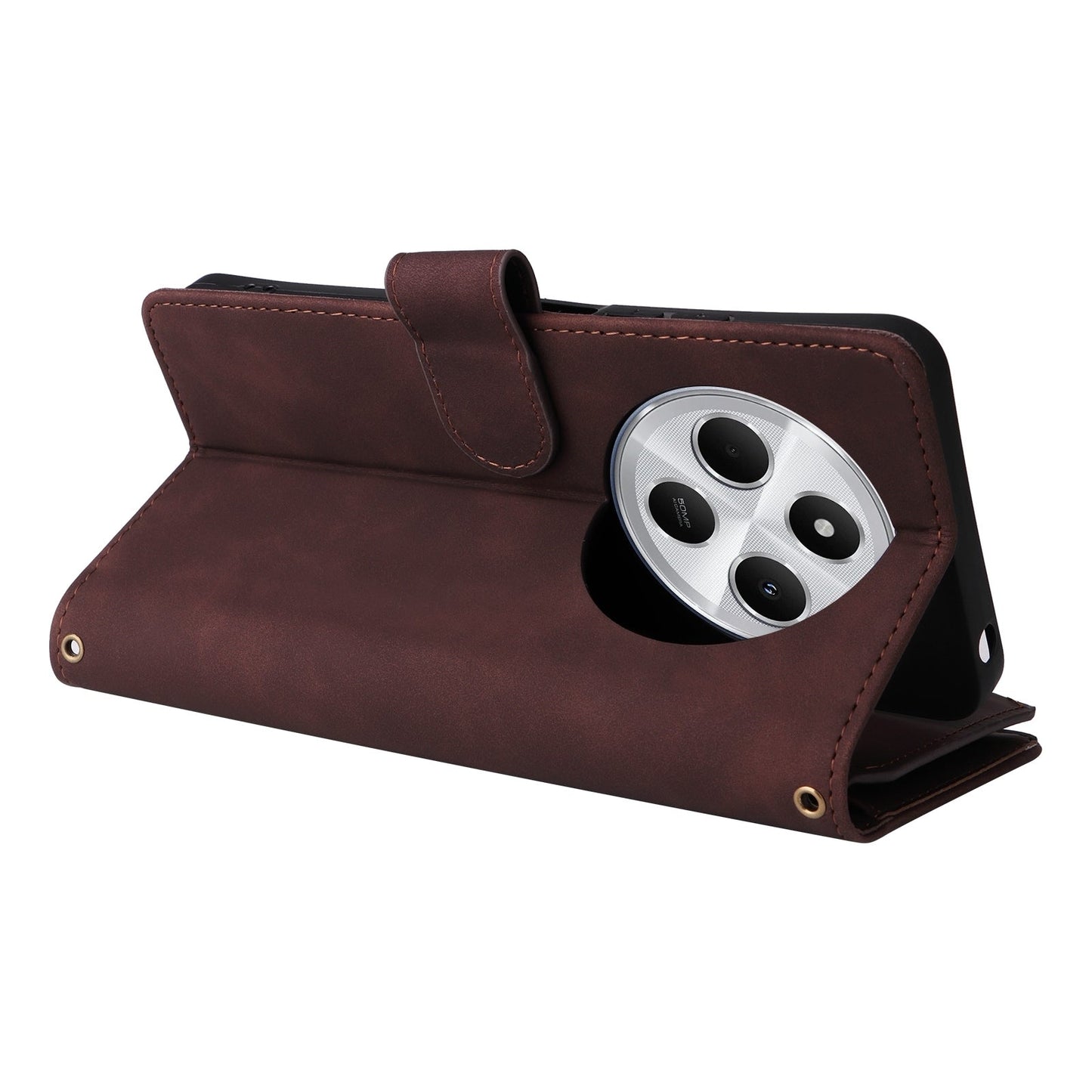 For Redmi 14C 4G Multifunctional Frosted Zipper Wallet Leather Phone Case(Coffee)