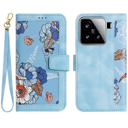 For Xiaomi 15 Pro Floral Pattern Leather Phone Case with Lanyard(Light Blue)