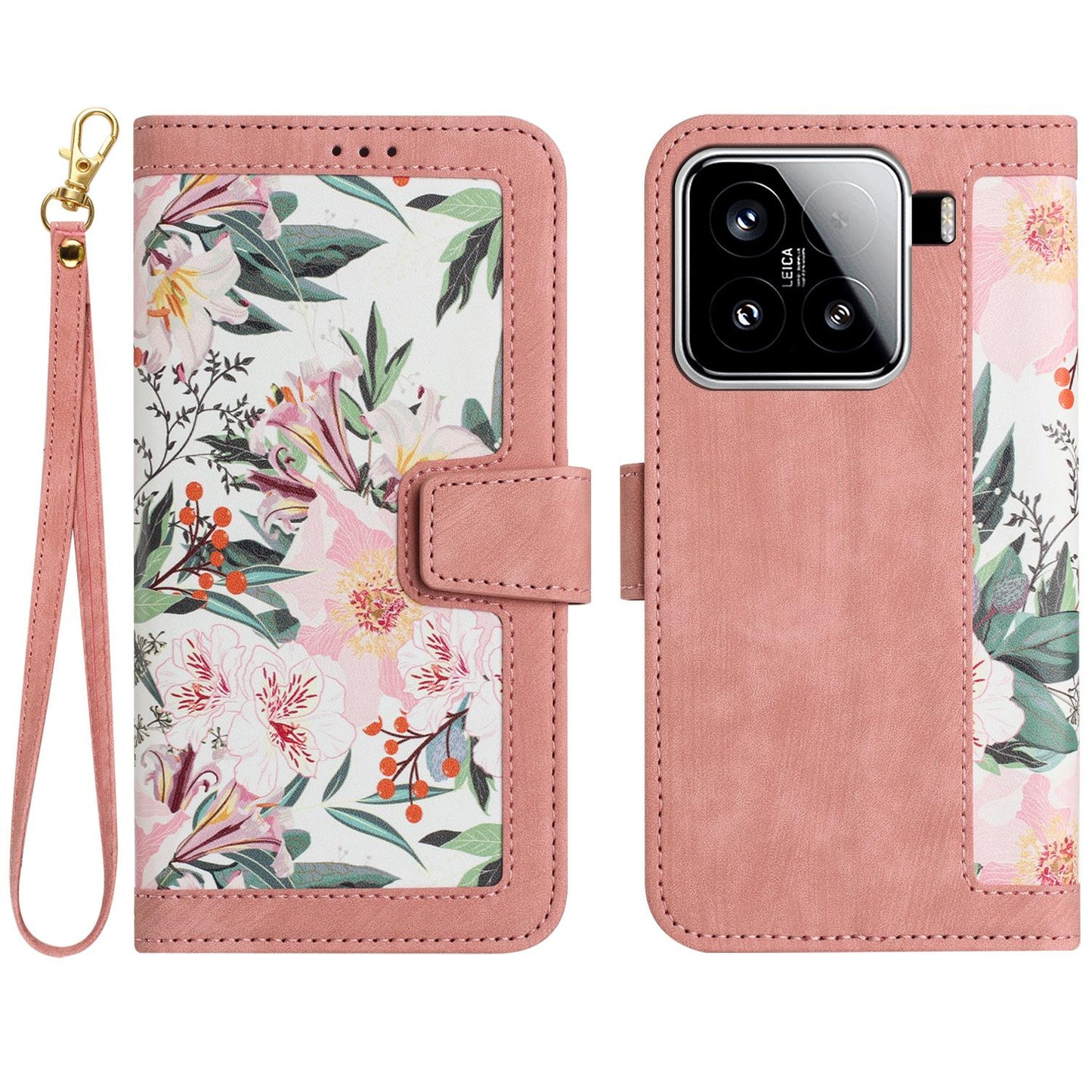 For Xiaomi 15 Pro Floral Pattern Leather Phone Case with Lanyard(Pink)
