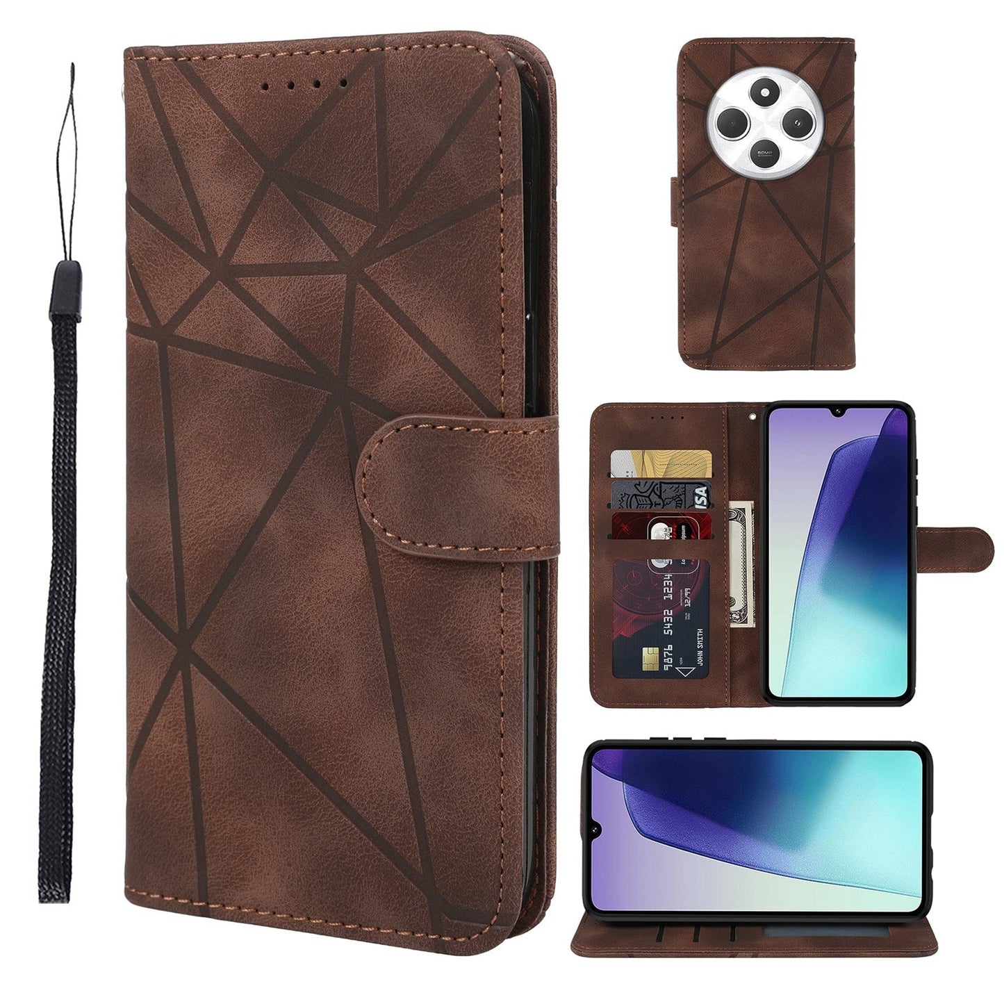 For Redmi 14C 4G Skin Feel Geometric Lines Leather Phone Case(Brown)