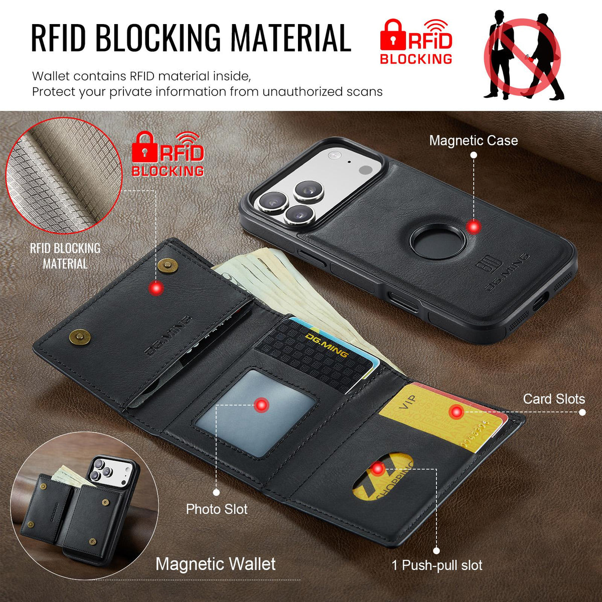 Compatible with iPhone 18 Pro Max & 17 Pro Max DG.MING M6 Series RFID Tri-fold Card Bag Removable Leather Phone Case - Black