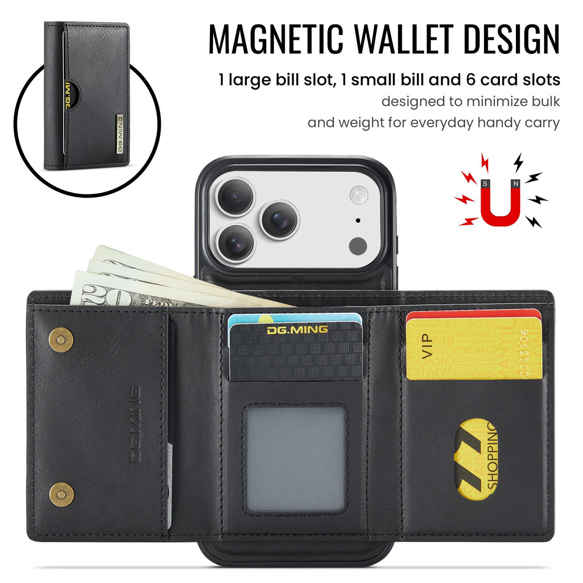 Compatible with iPhone 18 Pro Max & 17 Pro Max DG.MING M6 Series RFID Tri-fold Card Bag Removable Leather Phone Case - Black