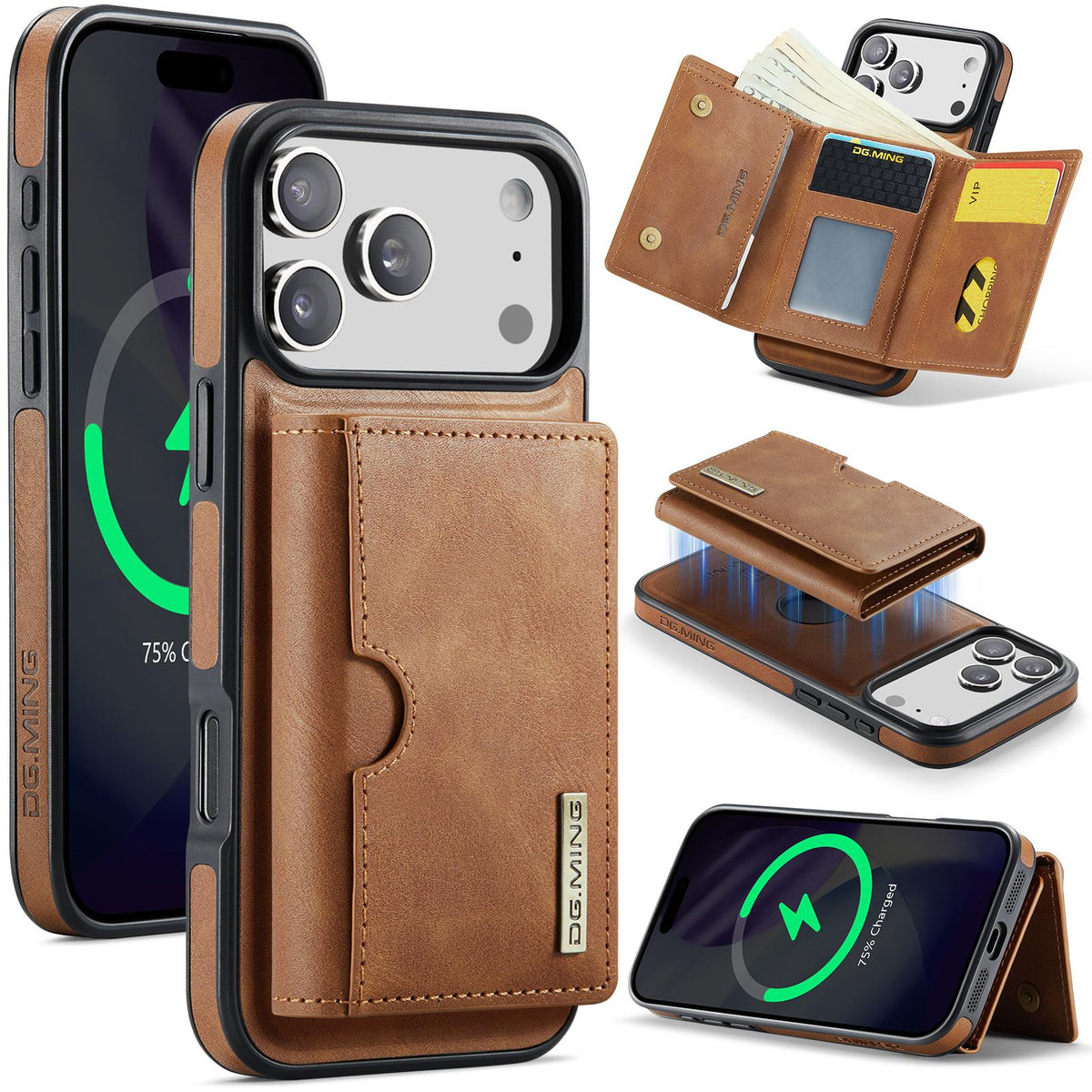 Compatible with iPhone 18 Pro Max & 17 Pro Max DG.MING M6 Series RFID Tri-fold Card Bag Removable Leather Phone Case - Brown