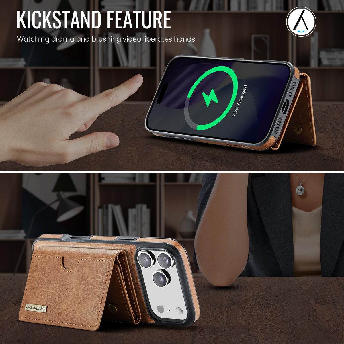 Compatible with iPhone 18 Pro Max & 17 Pro Max DG.MING M6 Series RFID Tri-fold Card Bag Removable Leather Phone Case - Brown