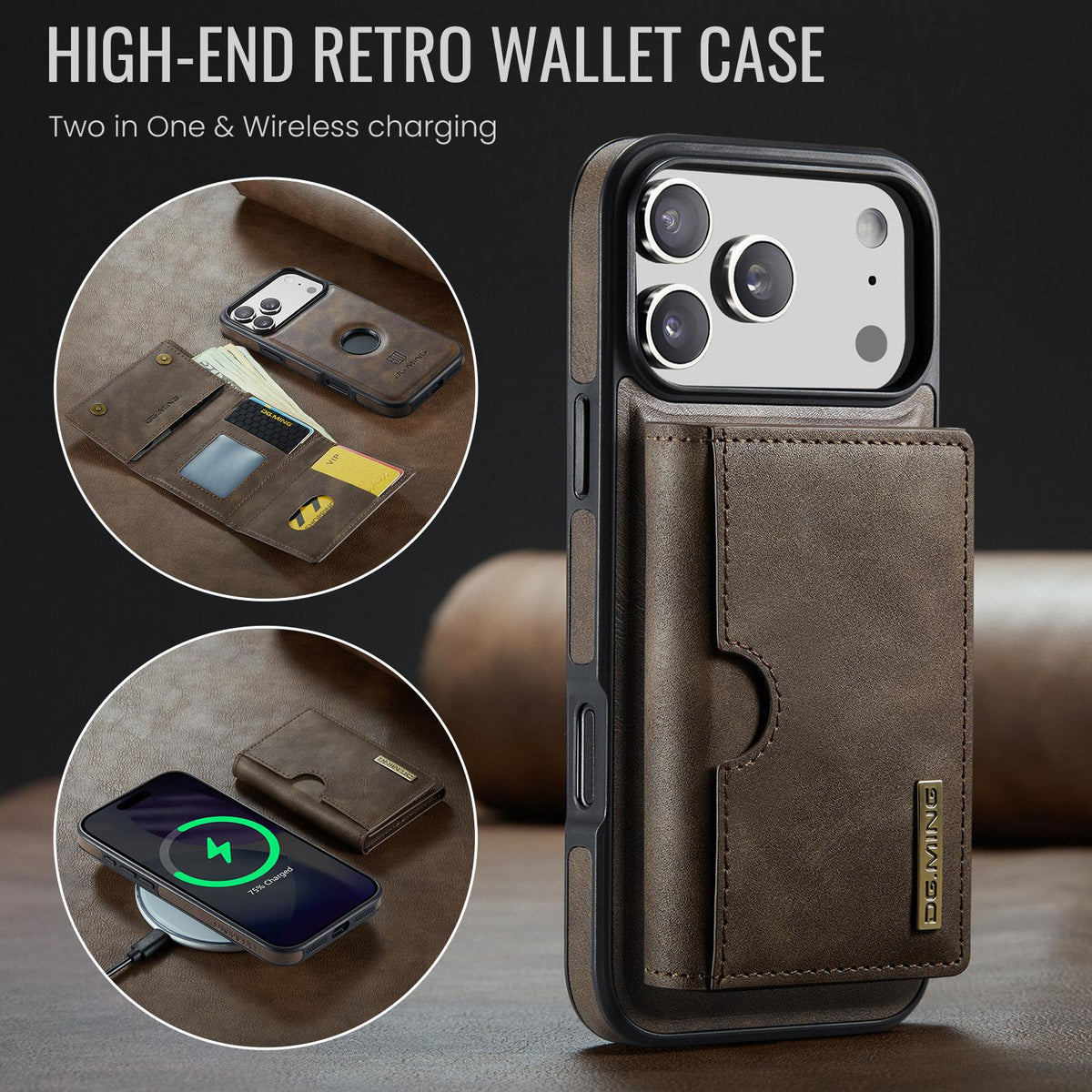 Compatible with iPhone 18 Pro Max & 17 Pro Max DG.MING M6 Series RFID Tri-fold Card Bag Removable Leather Phone Case - Coffee