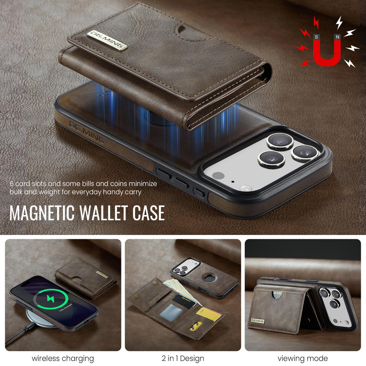 Compatible with iPhone 18 Pro Max & 17 Pro Max DG.MING M6 Series RFID Tri-fold Card Bag Removable Leather Phone Case - Coffee