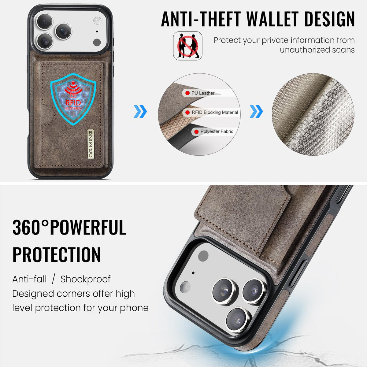 Compatible with iPhone 18 Pro Max & 17 Pro Max DG.MING M6 Series RFID Tri-fold Card Bag Removable Leather Phone Case - Coffee