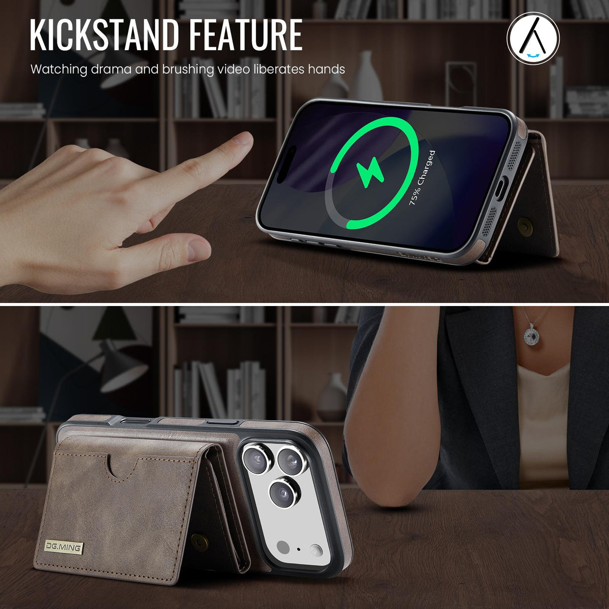 Compatible with iPhone 18 Pro Max & 17 Pro Max DG.MING M6 Series RFID Tri-fold Card Bag Removable Leather Phone Case - Coffee