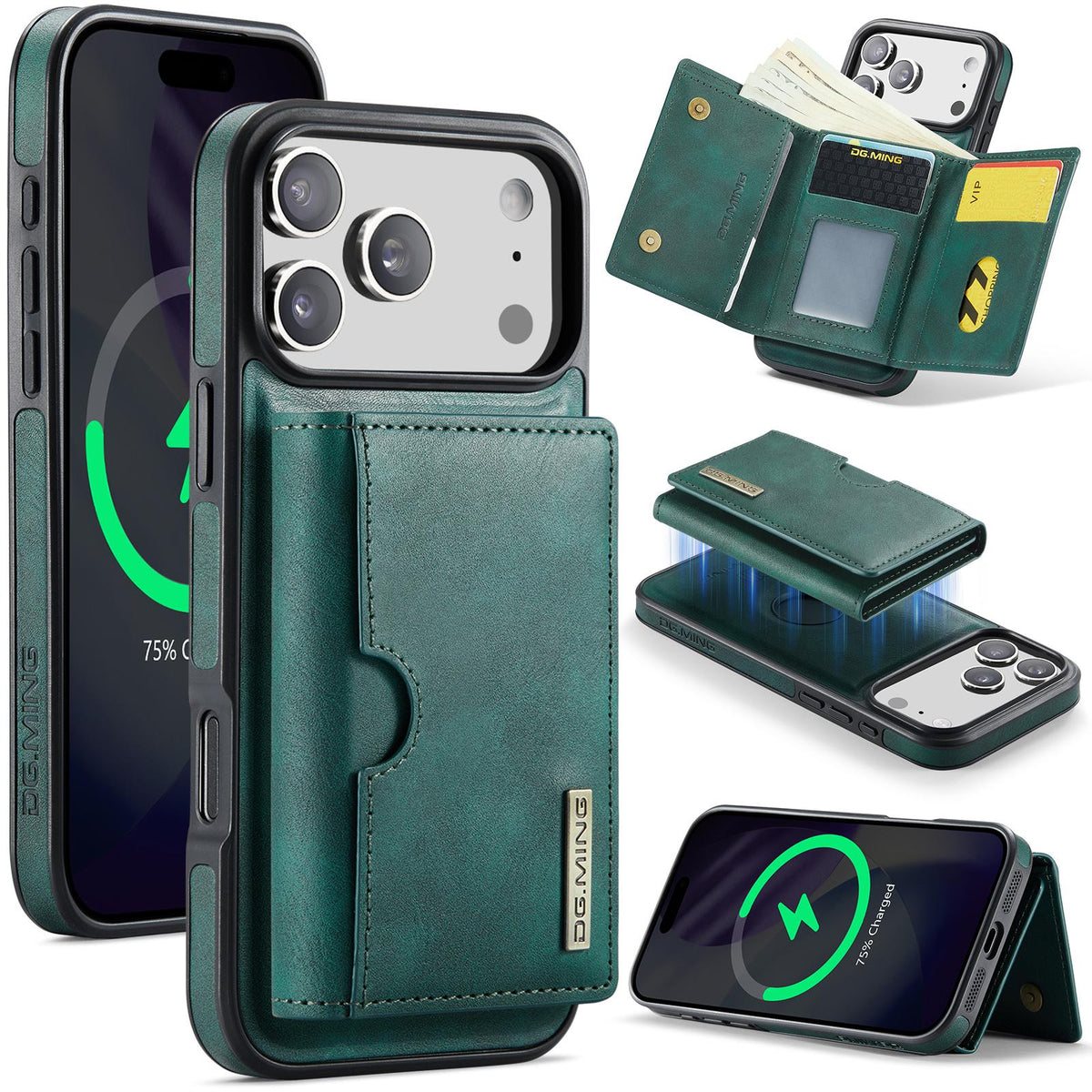 Compatible with iPhone 18 Pro Max & 17 Pro Max DG.MING M6 Series RFID Tri-fold Card Bag Removable Leather Phone Case - Green