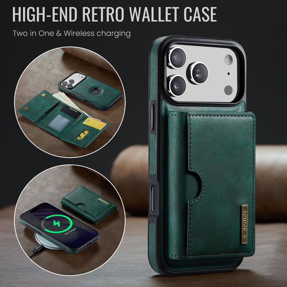 Compatible with iPhone 18 Pro Max & 17 Pro Max DG.MING M6 Series RFID Tri-fold Card Bag Removable Leather Phone Case - Green