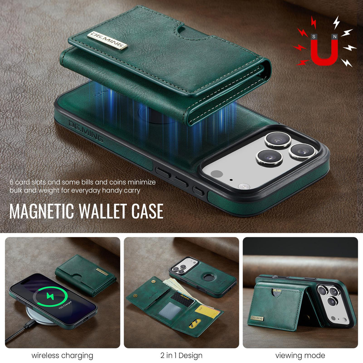 Compatible with iPhone 18 Pro Max & 17 Pro Max DG.MING M6 Series RFID Tri-fold Card Bag Removable Leather Phone Case - Green