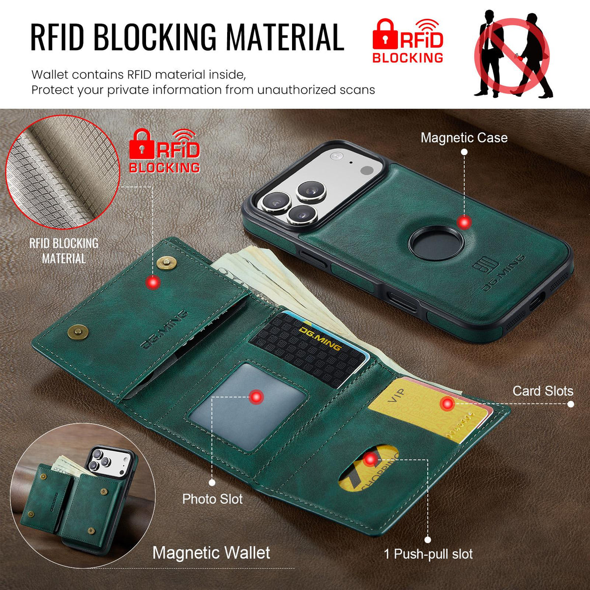 Compatible with iPhone 18 Pro Max & 17 Pro Max DG.MING M6 Series RFID Tri-fold Card Bag Removable Leather Phone Case - Green