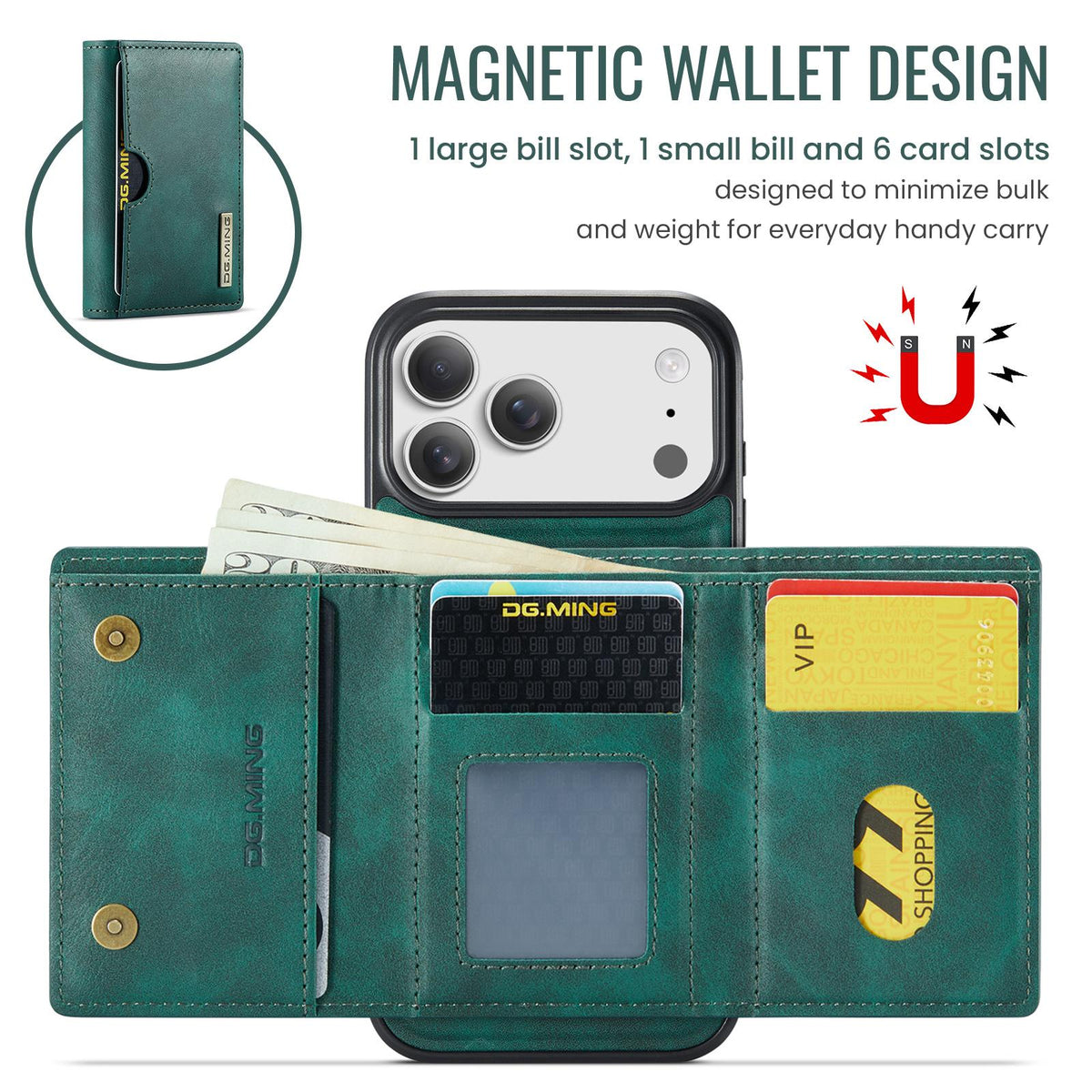 Compatible with iPhone 18 Pro Max & 17 Pro Max DG.MING M6 Series RFID Tri-fold Card Bag Removable Leather Phone Case - Green