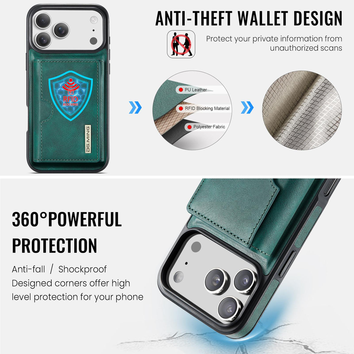 Compatible with iPhone 18 Pro Max & 17 Pro Max DG.MING M6 Series RFID Tri-fold Card Bag Removable Leather Phone Case - Green