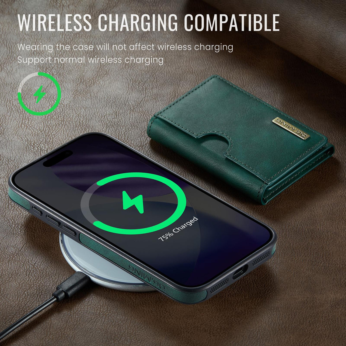Compatible with iPhone 18 Pro Max & 17 Pro Max DG.MING M6 Series RFID Tri-fold Card Bag Removable Leather Phone Case - Green