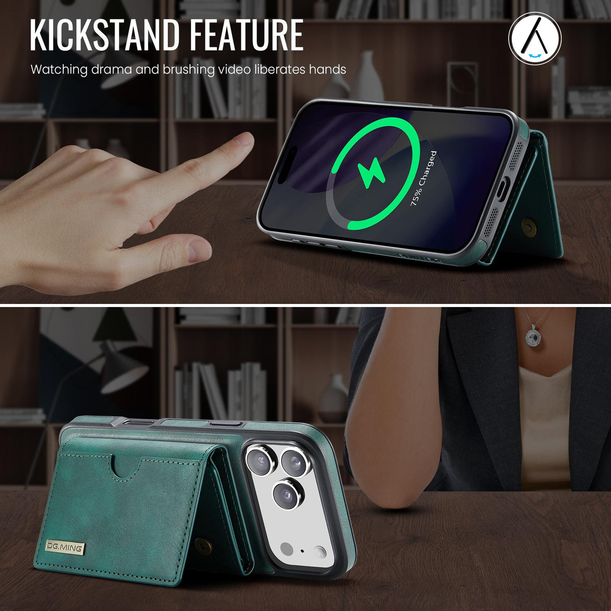 Compatible with iPhone 18 Pro Max & 17 Pro Max DG.MING M6 Series RFID Tri-fold Card Bag Removable Leather Phone Case - Green