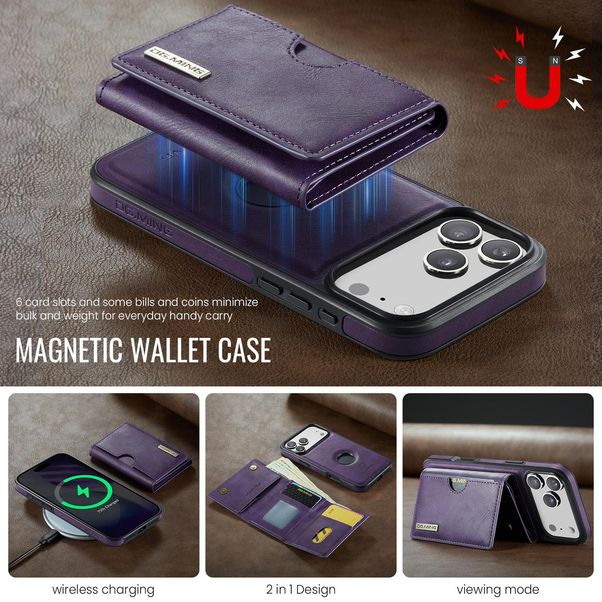 Compatible with iPhone 18 Pro Max & 17 Pro Max DG.MING M6 Series RFID Tri-fold Card Bag Removable Leather Phone Case - Purple