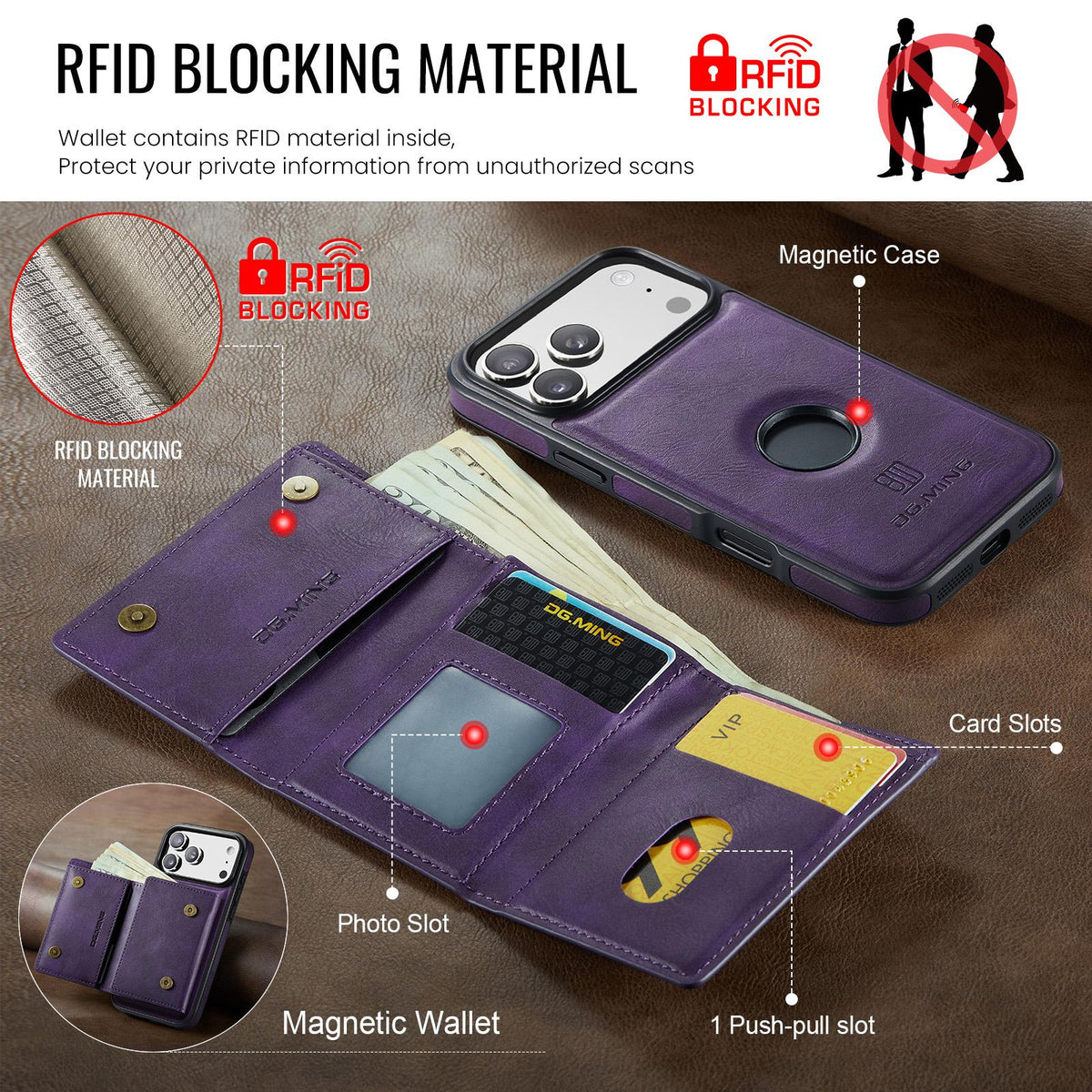 Compatible with iPhone 18 Pro Max & 17 Pro Max DG.MING M6 Series RFID Tri-fold Card Bag Removable Leather Phone Case - Purple