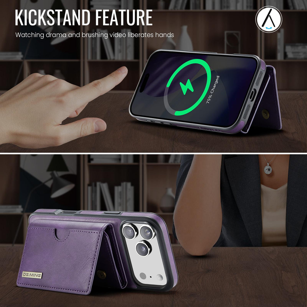 Compatible with iPhone 18 Pro Max & 17 Pro Max DG.MING M6 Series RFID Tri-fold Card Bag Removable Leather Phone Case - Purple