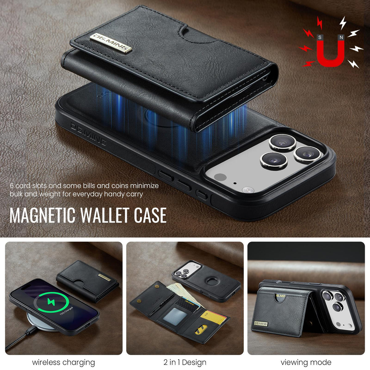 Compatible with iPhone 18 Pro & 17 Pro DG.MING M6 Series RFID Tri-fold Card Bag Removable Leather Phone Case - Black
