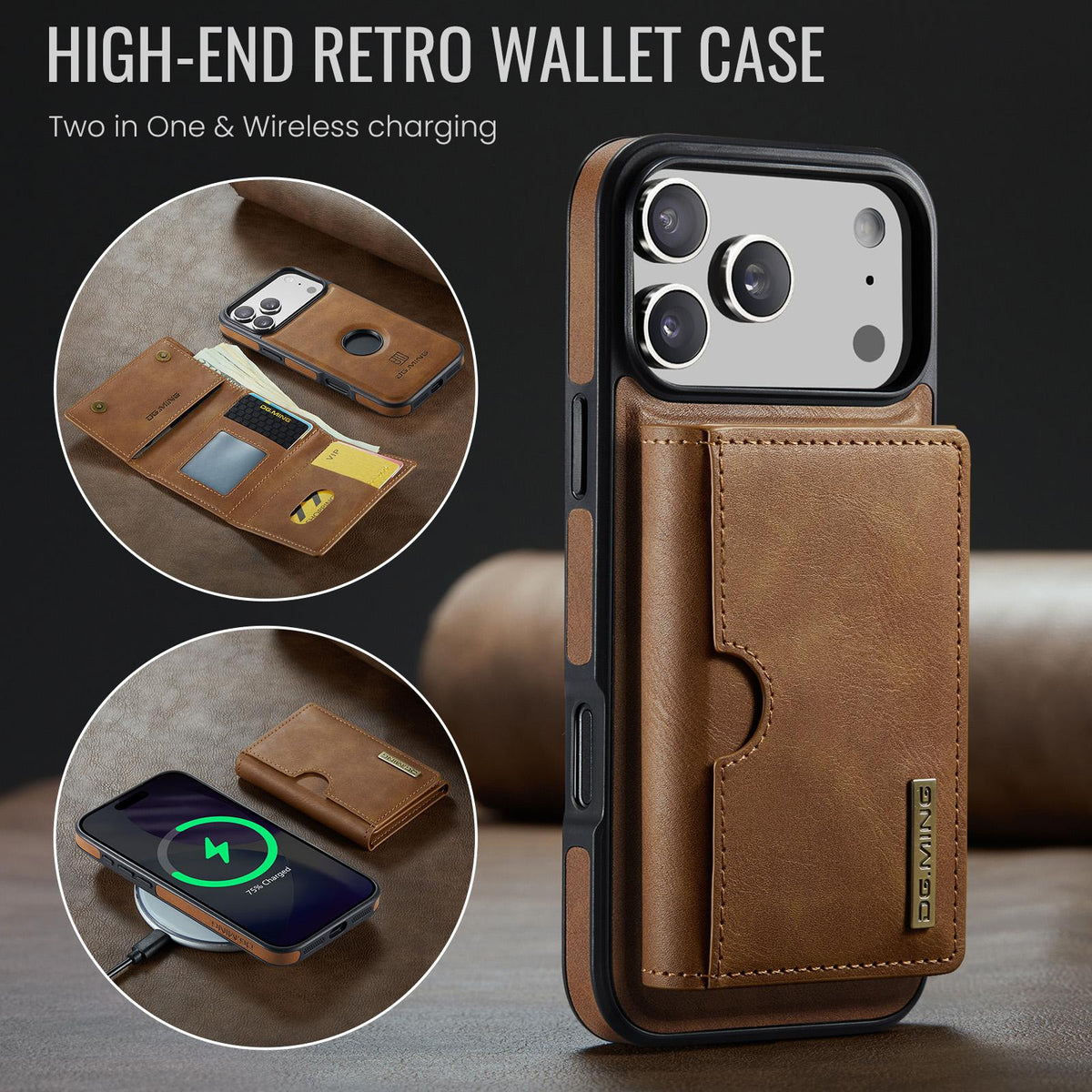 Compatible with iPhone 18 Pro & 17 Pro DG.MING M6 Series RFID Tri-fold Card Bag Removable Leather Phone Case - Brown